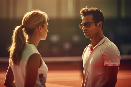 Tennis players standing and talking with their coaches on the tennis court during the daytimeの素材