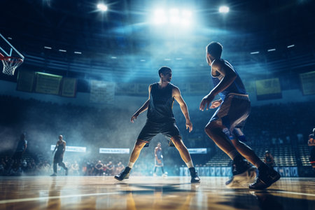 Male basketball player playing basketball in a crowded indoor basketball court on a bokeh style backgroundの素材