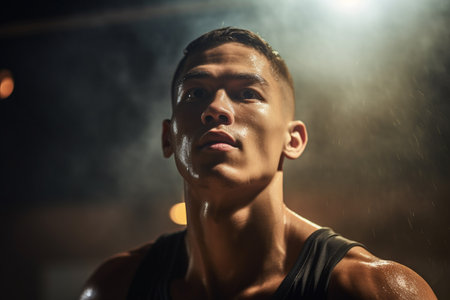 Male basketball player playing basketball in a crowded indoor basketball court on a bokeh style backgroundの素材