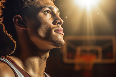 Male basketball player playing basketball in a crowded indoor basketball court on a bokeh style backgroundの素材