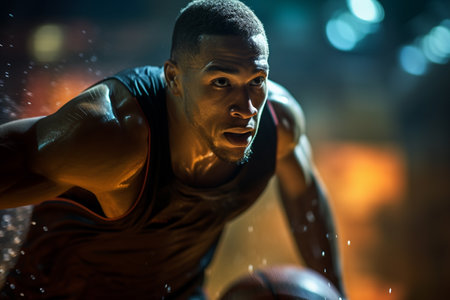Male basketball player playing basketball in a crowded indoor basketball court on a bokeh style backgroundの素材