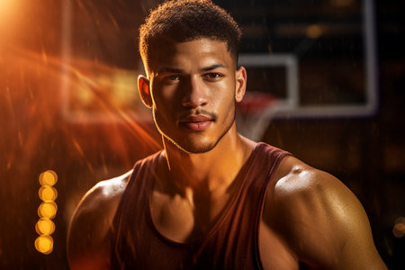 Male basketball player playing basketball in a crowded indoor basketball court on a bokeh style backgroundの素材