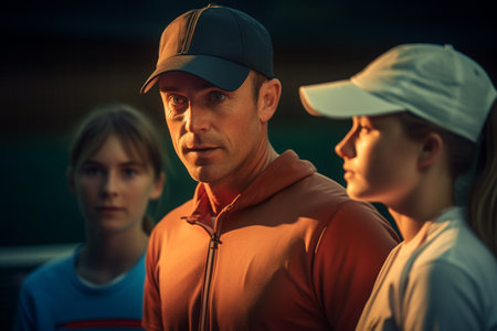 Tennis players standing and talking with their coaches on the tennis court during the daytimeの素材
