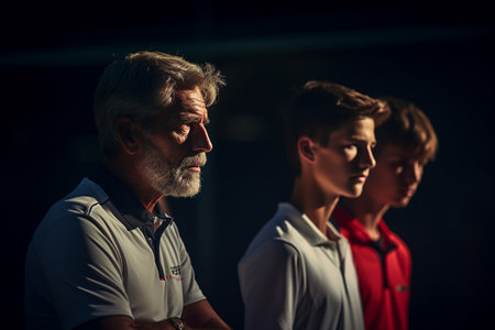 Tennis players standing and talking with their coaches on the tennis court during the daytimeの素材