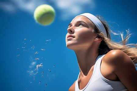 female tennis player competing in tennis court on bokeh style backgroundの素材