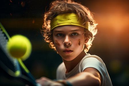 boy tennis player competing in tennis court on bokeh style backgroundの素材