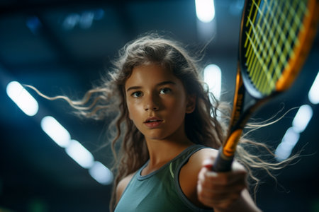 female tennis player competing in tennis court on bokeh style backgroundの素材