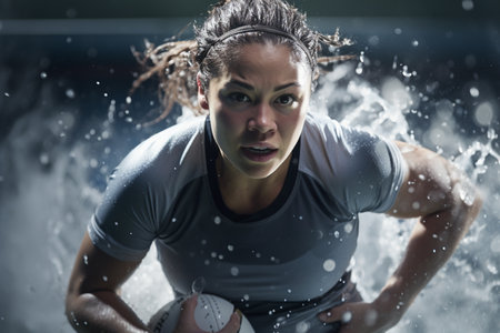 Female rugby players competing on the rugby field in the eveningの素材