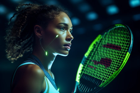 female tennis player competing in tennis court on bokeh style backgroundの素材