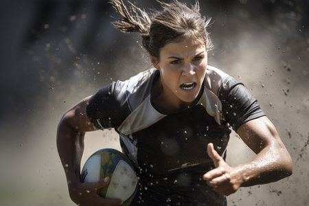 Female rugby players competing on the rugby field in the eveningの素材