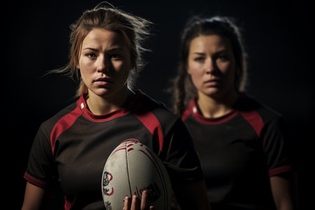 Female rugby players competing on the rugby field in the eveningの素材