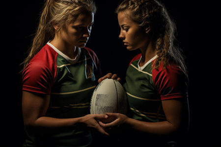 Female rugby players competing on the rugby field in the eveningの素材