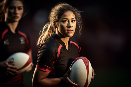 Female rugby players competing on the rugby field in the eveningの素材