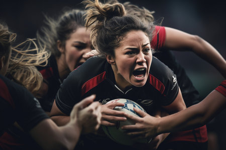 Female rugby players competing on the rugby field in the eveningの素材