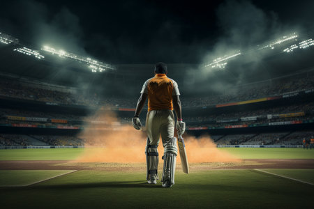 Cricket athletes are competing on the cricket field in the eveningの素材