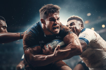 Male rugby players competing on the rugby field in the eveningの素材