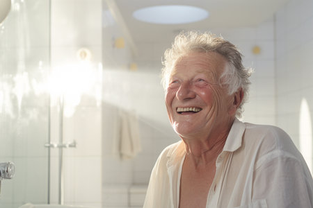 Elderly man smiling with the mirror in the bedroom white during the daytimeの素材