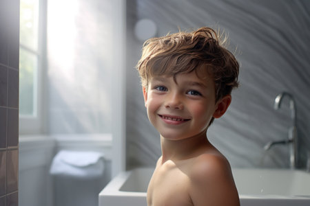 Smiling boy taking a shower in a white bathroom in the morningの素材