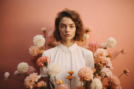 a beautiful lady with flowers standing in front of a brightly colored wall on fashion style backgroundの素材