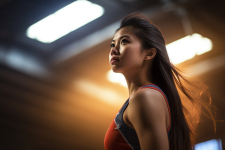Female volleyball players are competing on the indoor volleyball court in the eveningの素材
