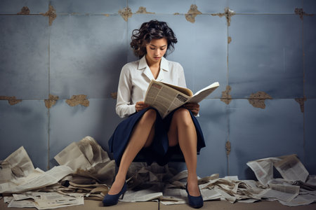 young attractive woman holding newspaper in hands in front of a dark colored wall on fashion style backgroundの素材