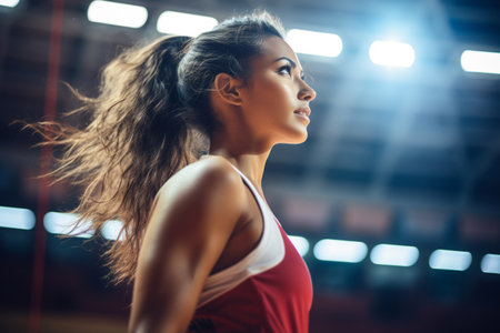 Female volleyball players are competing on the indoor volleyball court in the eveningの素材