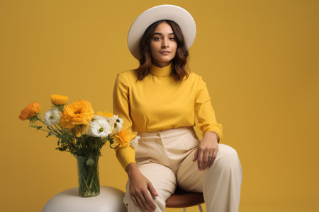 a beautiful lady with flowers standing in front of a brightly colored wall on fashion style backgroundの素材