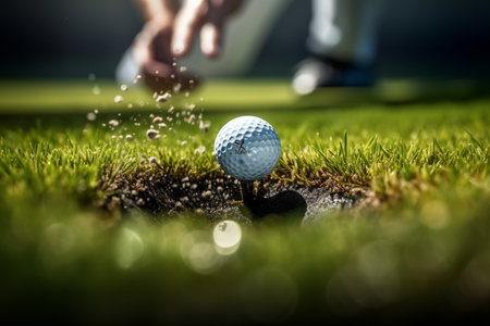 a person putting in a golf ball into the hole in the daytime on a blurred background in bokeh styleの素材