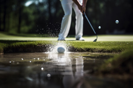 a person putting in a golf ball into the hole in the daytime on a blurred background in bokeh styleの素材