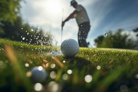 a person putting in a golf ball into the hole in the daytime on a blurred background in bokeh styleの素材