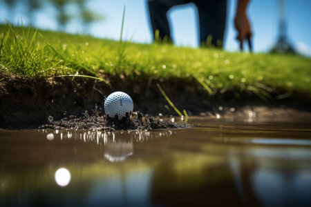 a person putting in a golf ball into the hole in the daytime on a blurred background in bokeh styleの素材