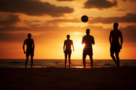 Male beach volleyball players play a volleyball match on the beach in the daytimeの素材