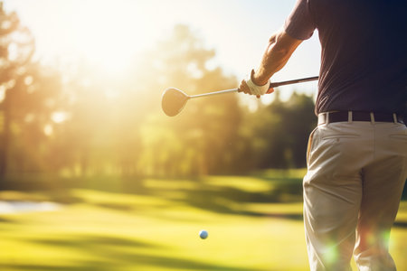 a golfer hitting his golf ball in the sunlight at golf green on a blurred backgroundの素材