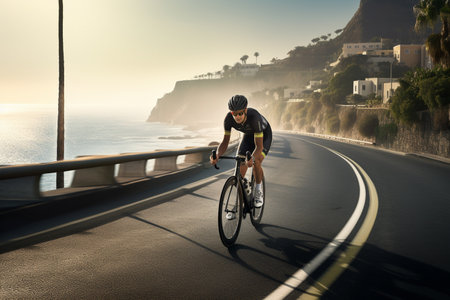 A man rides a bicycle on a riverside road with a beautiful view on a blurred backgroundの素材