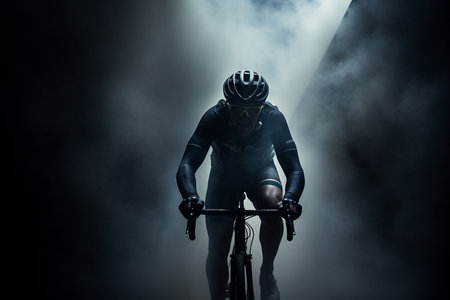 a cyclist riding his bicycle in the smoke of the hills on blurred backgroundの素材