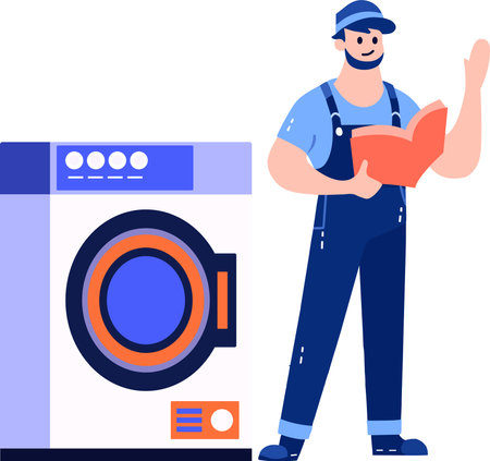 Hand Drawn washing machine repair technician in flat style isolated on backgroundのイラスト素材