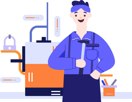 Hand Drawn Technician or engineer with engine in factory in flat style isolated on backgroundのイラスト素材