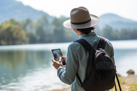 Male tourist looking at map on smartphone at lakeside during daytimeの素材