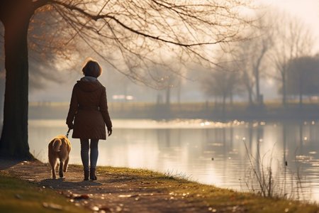 Female tourist walks with dog at lakeside in the daytimeの素材