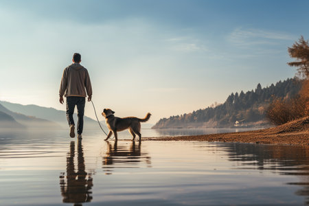 Male tourist walks with dog at lakeside in the daytimeの素材
