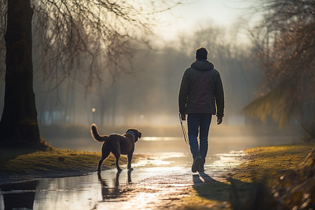 Male tourist walks with dog at lakeside in the daytimeの素材