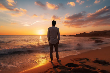 a man standing and looking at the sky at the seaside at sunset timeの素材