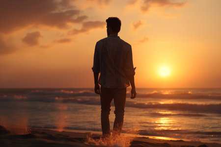 a man standing and looking at the sky at the seaside at sunset timeの素材