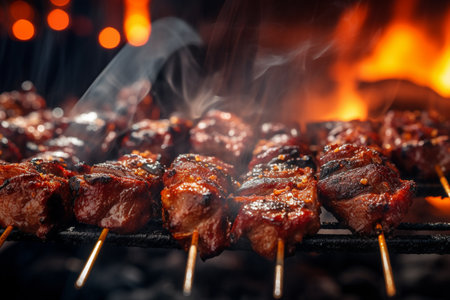 Delicious grilled beef or pork over a charcoal grill at the street food market at nightの素材