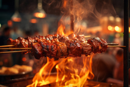 Delicious grilled beef or pork over a charcoal grill at the street food market at nightの素材