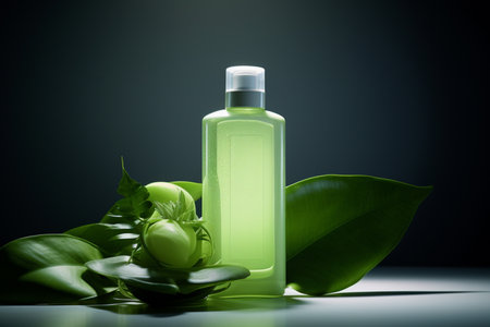 Bottle of perfume or nourishing cream set on a black natural style backgroundの素材