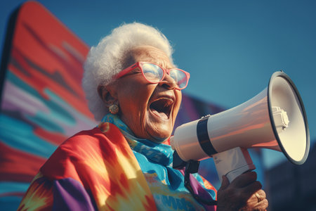 Happy senior woman holding megaphone on bright color background in fashion styleの素材