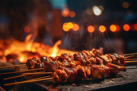 Delicious grilled beef or pork over a charcoal grill at the street food market at nightの素材