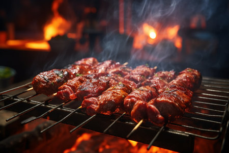 Delicious grilled beef or pork over a charcoal grill at the street food market at nightの素材