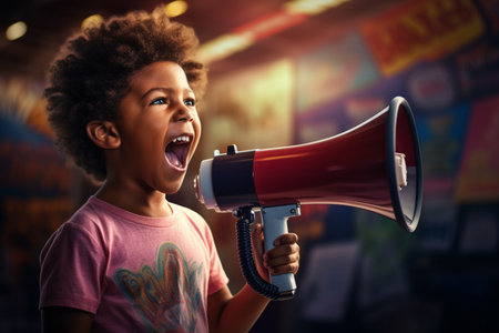 an african american child speaking with a megaphone on bokeh backgroundの素材